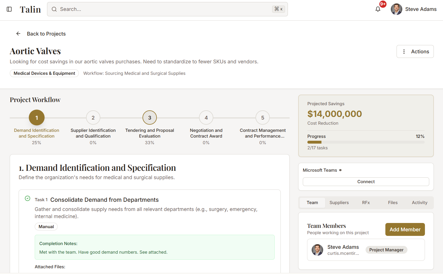 Talin Dashboard showing team visibility and project tracking